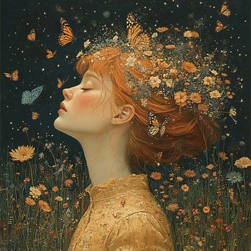 Femme fleurs | Femme endormie entre fleurs et papillons