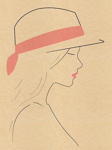 Lijntekening Meisje met roze lint – minimalistische zomerillustratie