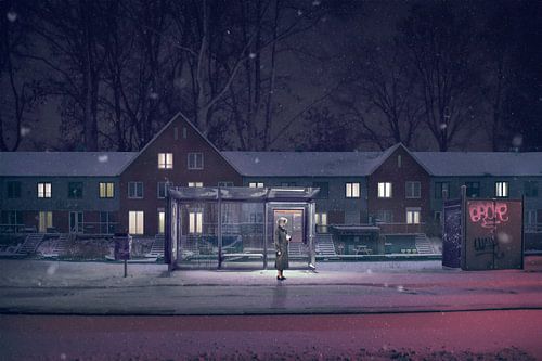 Imagerie mystérieuse : vieille femme dans la neige à la lumière du soir - Décoration murale unique