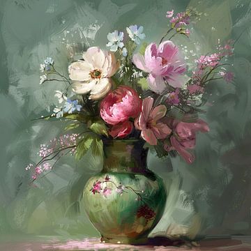 Vaas bloemen in kleur roze en groen van Natasja Haandrikman