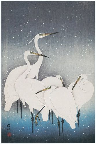 Ohara Koson - Grote witte zilverreiger in de sneeuw (bewerkt)