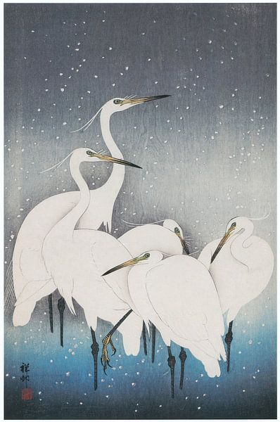 Ohara Koson - Grote witte zilverreiger in de sneeuw (bewerkt) van Peter Balan
