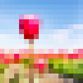 Holländisches Tulpenfeld mit 1 markanten roten Tulpe, die aus dem blauen Himmel ragt (Pixelkunst). von Hannie Verhoeven