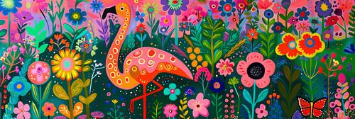 Flamingo in the Flower Garden