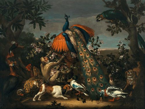 Exotische vogels, een pauw met een aap en honden in een landschap, Antoine Monnoyer