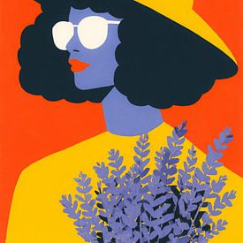 Femme avec chapeau de soleil et lavande - portrait moderne et coloré dans le style pop art sur But First Framing