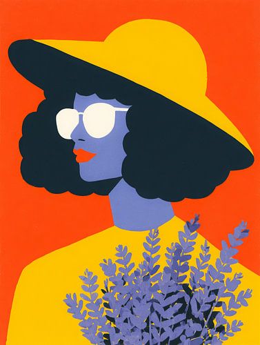 Frau mit Sonnenhut und Lavendel - farbenfrohes modernes Porträt im Pop-Art-Stil von But First Framing