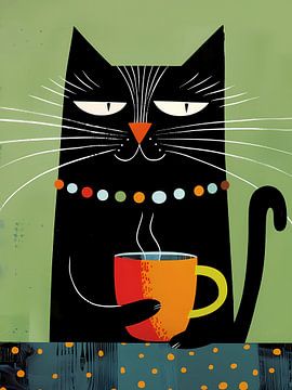 Zwarte kat drinkt koffie van haroulita