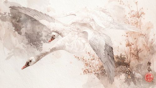 Japandi Art.  Zwanen in Vlucht: Traditionele Oosterse Inktstijl
