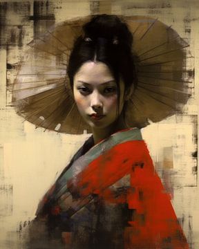 Portret "Geisha in rode tinten" van Carla Van Iersel