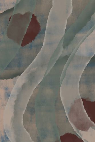 Modern abstract schilderij in wit, groen, grijs en bruin.