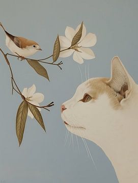 De kat en het vogeltje, illustratie van Atelier Pink Blossom