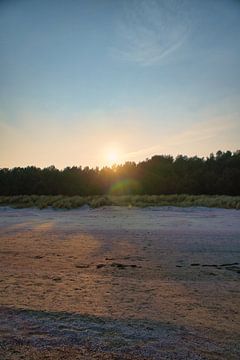 Uitzicht vanaf de Baltische Zee naar het strand op Usedom met zonsondergang achter het bos van Martin Köbsch