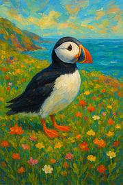 Une peinture colorée d'un macareux. sur Johannes