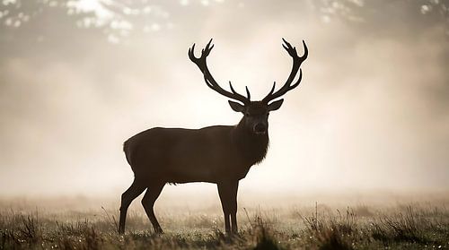 Majestic Stag in Mist Wall Art, Misty Forest Wildlife Photography