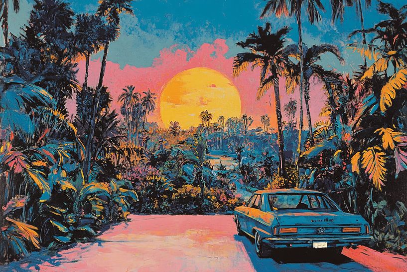Coucher de soleil tropical avec voiture classique par Art & Soul Creations