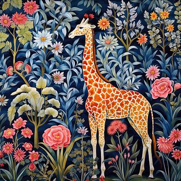 Giraffe in bloemen en planten jungle van Vlindertuin Art