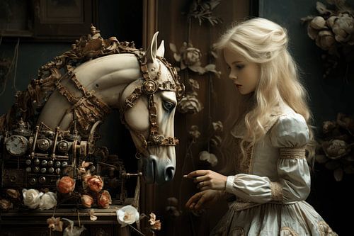 Stilleven met porseleinen pop en haar paard