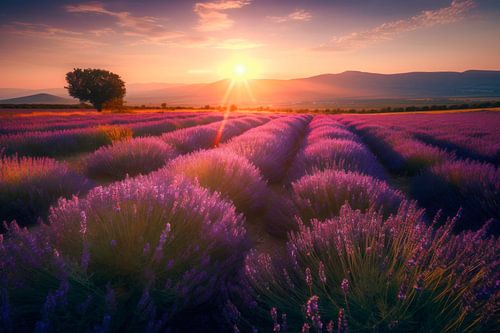 Lavender field during sunset with lone tree by Pieter Struiksma