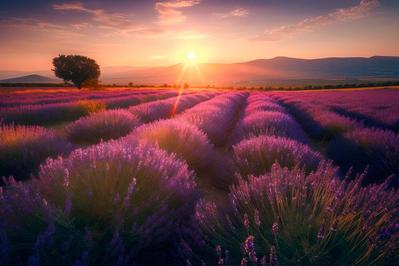 Lavendelveld tijdens zonsondergang met eenzame boom van Pieter Struiksma