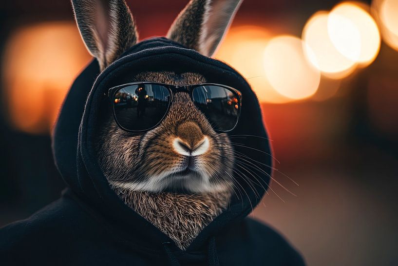 Stoer konijntje met zonnebril en capuchon van Poster Art Shop