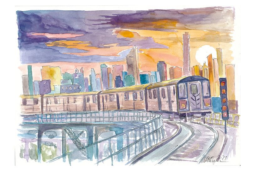 Queens Subway Lijn 7 bij zonsondergang boven Manhattan van Markus Bleichner