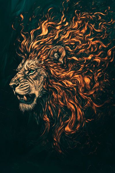 Leeuwenkop met vlammende manen van Poster Art Shop