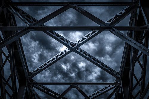 The iron Tram Bridge in black and white.