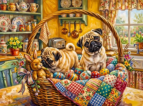Whimsical Easter Basket Mops Dog Illustration