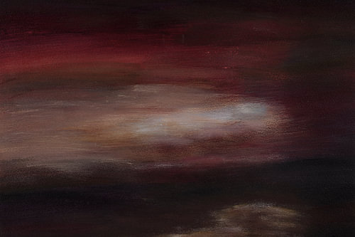 Breaking light, dark clouds, deep burgundy and ochre light