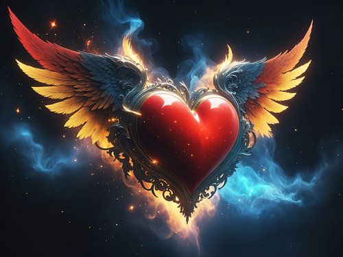 geflügeltes rotes Herz im kosmischen Raum