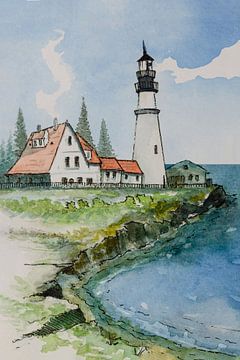 Portland Head Vuurtoren | USA | Handgemaakte Aquarel schilderij van WatercolorWall