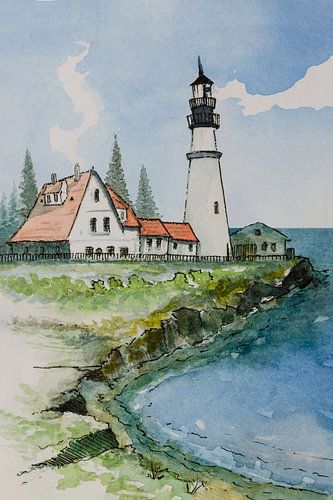 Portland Head Vuurtoren - USA | Aquarel schilderij
