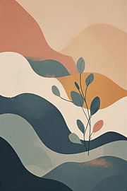 Moderne botanische abstracte wanddecoratie – Illustratie van organische bladeren in blauwgroen en terracotta met golvende aardetinten van VICTOR S