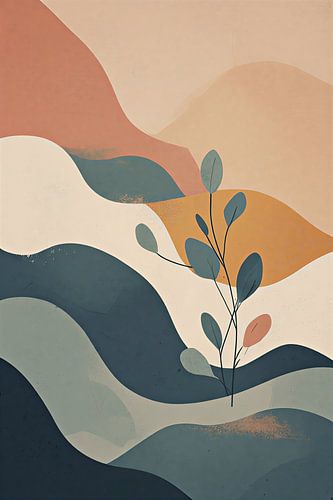 Modern Botanical Abstract Wall Art - Teal and Terracotta Organic Leaves Illustration with Wavy Earth Tones