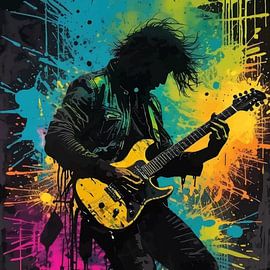 Art abstrait représentant une silhouette de guitare – Expression picturale par éclaboussures