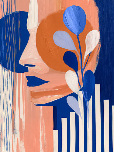 Un visage parmi les feuilles bleues