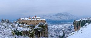 Monastery Agios Stefanos in snowy landscape Meteora Greece by Teun Ruijters