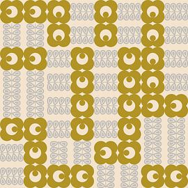 Retro 70s vintage style artwork in mustard yellow, gray and off white by Dina Dankers