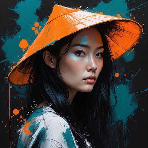 Portrait expressionniste moderne et abstrait d'une femme d'Asie de l'Est portant un chapeau orange vif. sur Ljupka Kareska