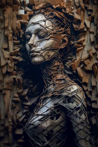 Verwitterte Verschmelzung: Frau im rostigen Metall - Ode an die Stärke des Lebens.