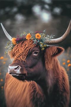 Hooglandse koe met bloemen van Treechild