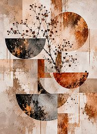 Botanische en aardse harmonie een abstract werk met takken, schalen in koper- en aardetinten
