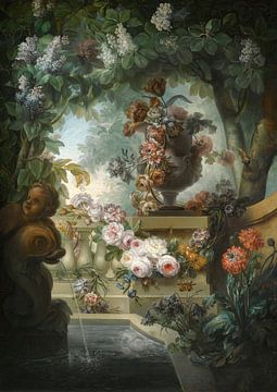 Een tuintafereel met een urn vol bloemen, Miguel Parra Abril