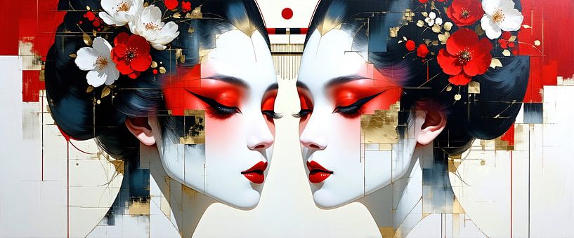 Geisha, entre l'âme et l'ombre - Le lien silencieux des jumelles geisha dans le flux de l'éphémère par AidasignArt
