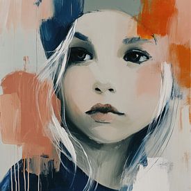 Mädchen mit Krone - Terrakotta Blau Mysteriöse Ausdrucksvolle Malerei von Joriali Abstrakte Kunst