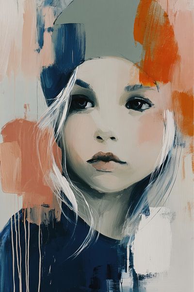 Fille à la couronne - Terracotta Blue Mysterious Expressive Painting par Joriali Art abstrait