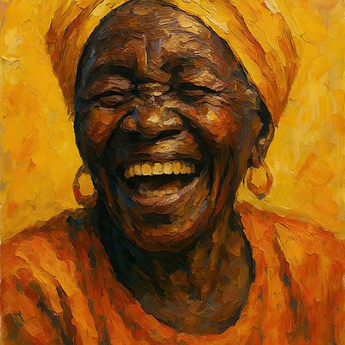 Lach van het leven (portret oude Afrikaanse oma schaterlachend vrolijk energie warmte levensvreugde)