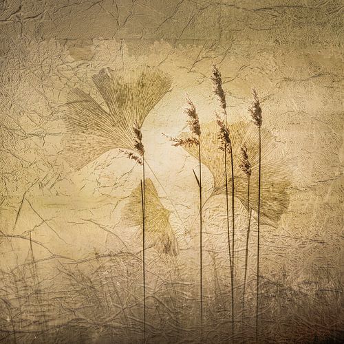 Ochtendgloren met riet en ginkgo. Impressionisme.