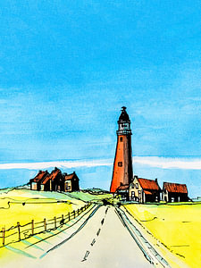 Texel | Eierland Leuchtturm vom Vuurtorenweg | Handgemachte Aquarellmalerei
